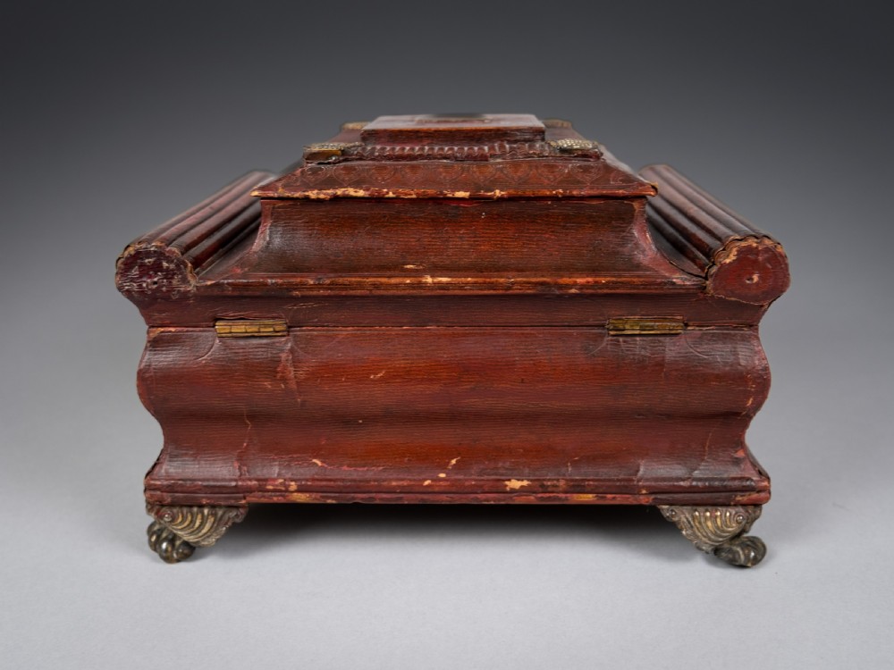 Regency Red Leather & Brass Workbox With Secret Compartment. View XII