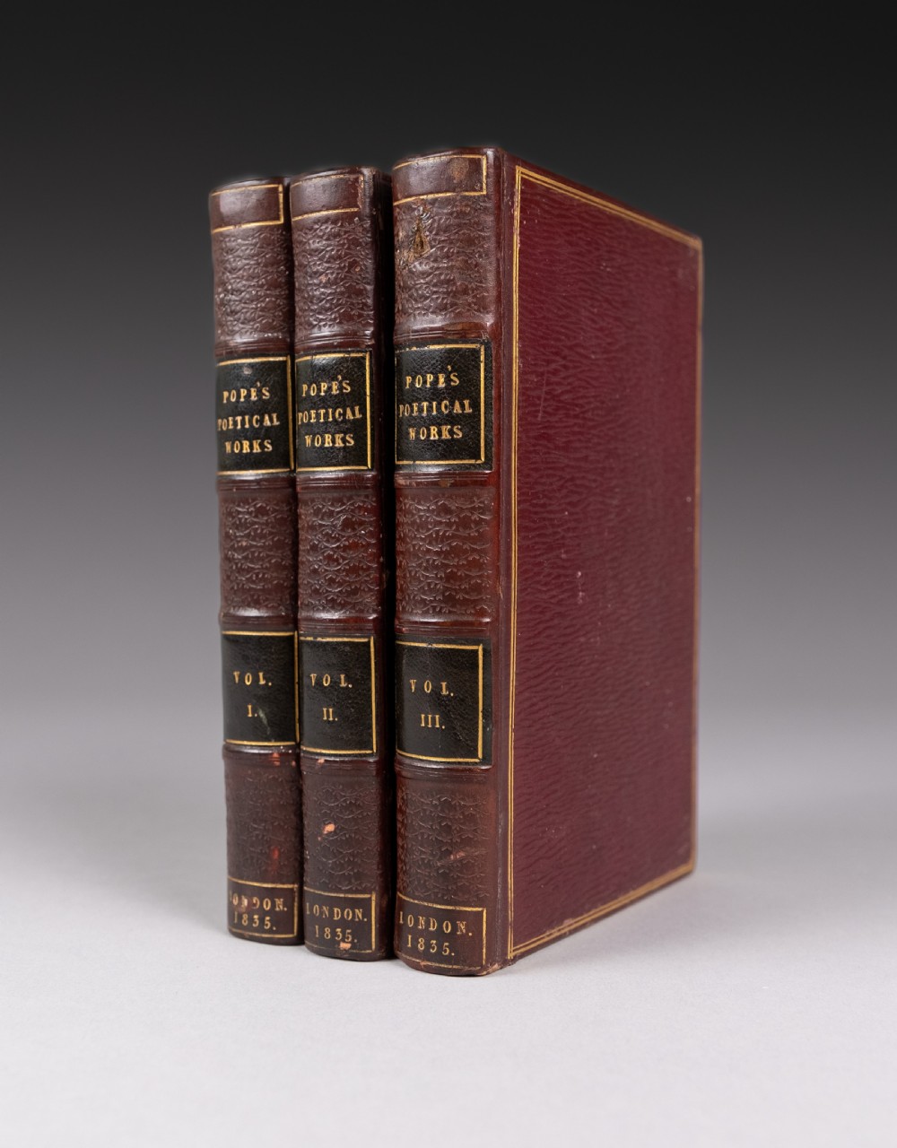 A three-volume set of 1835 leather-bound books by Alexander Pope with dark spine labels and gilt lettering.