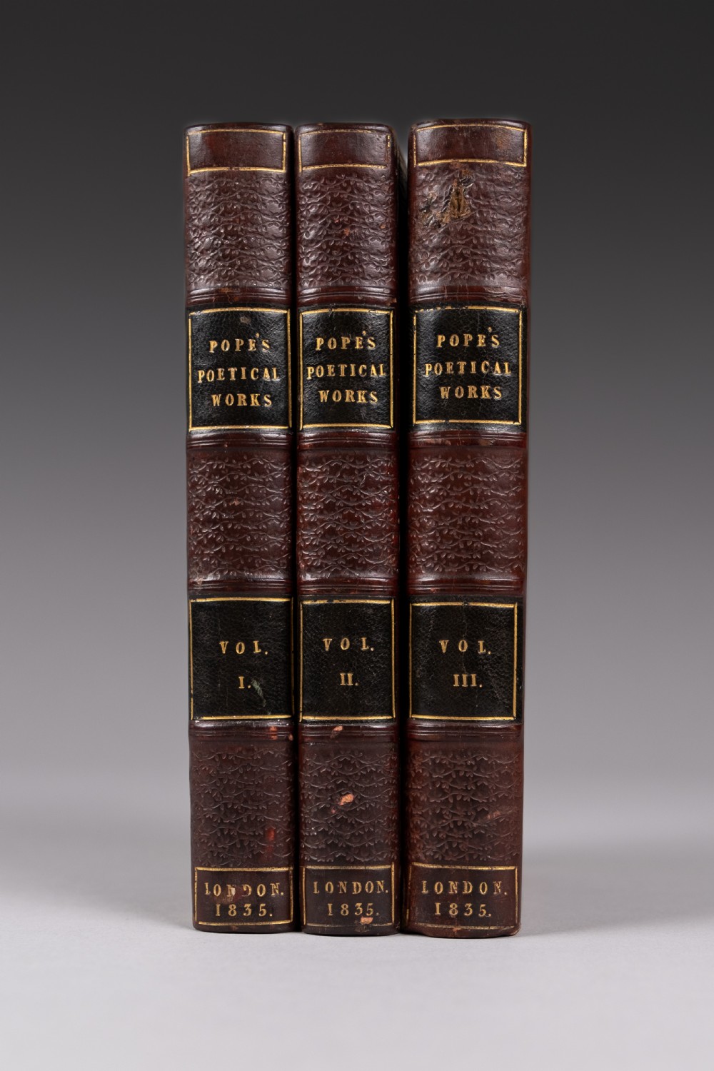 A three-volume set of 1835 leather-bound books by Alexander Pope with dark spine labels and gilt lettering. View II
