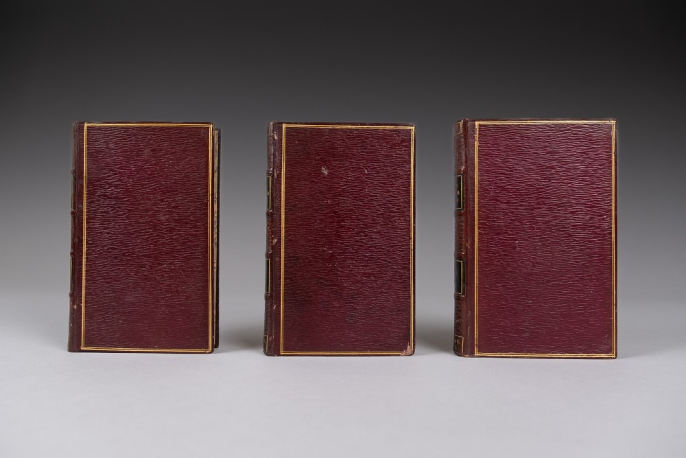 A three-volume set of 1835 leather-bound books by Alexander Pope with dark spine labels and gilt lettering. View III