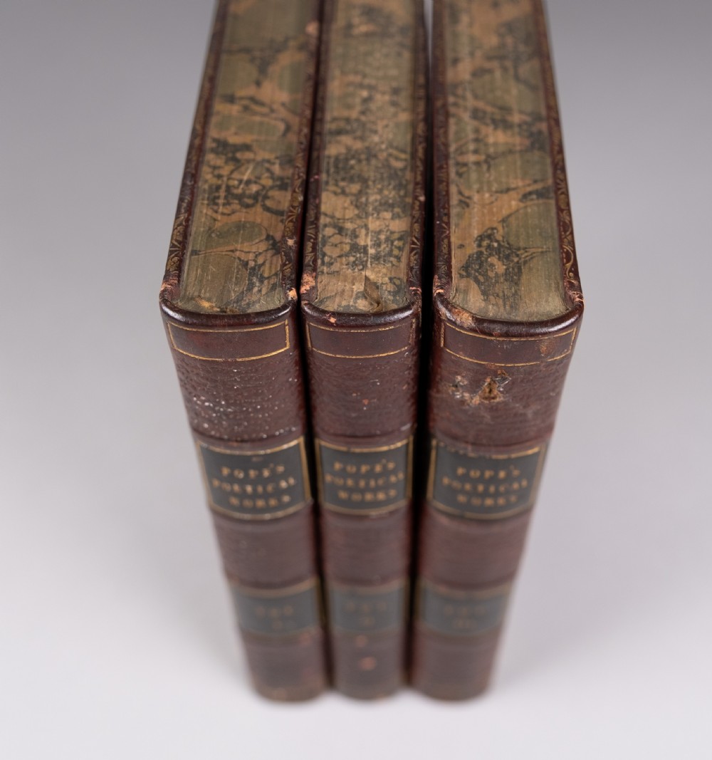 A three-volume set of 1835 leather-bound books by Alexander Pope with dark spine labels and gilt lettering. View VI