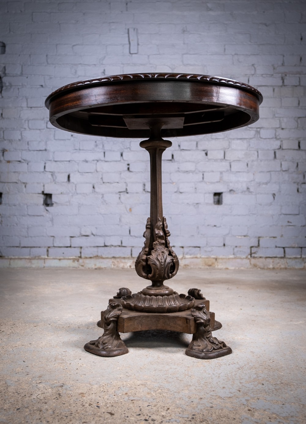 19th Century Cast Iron Tilt Table With Later Flame Mahogany Top. View IV