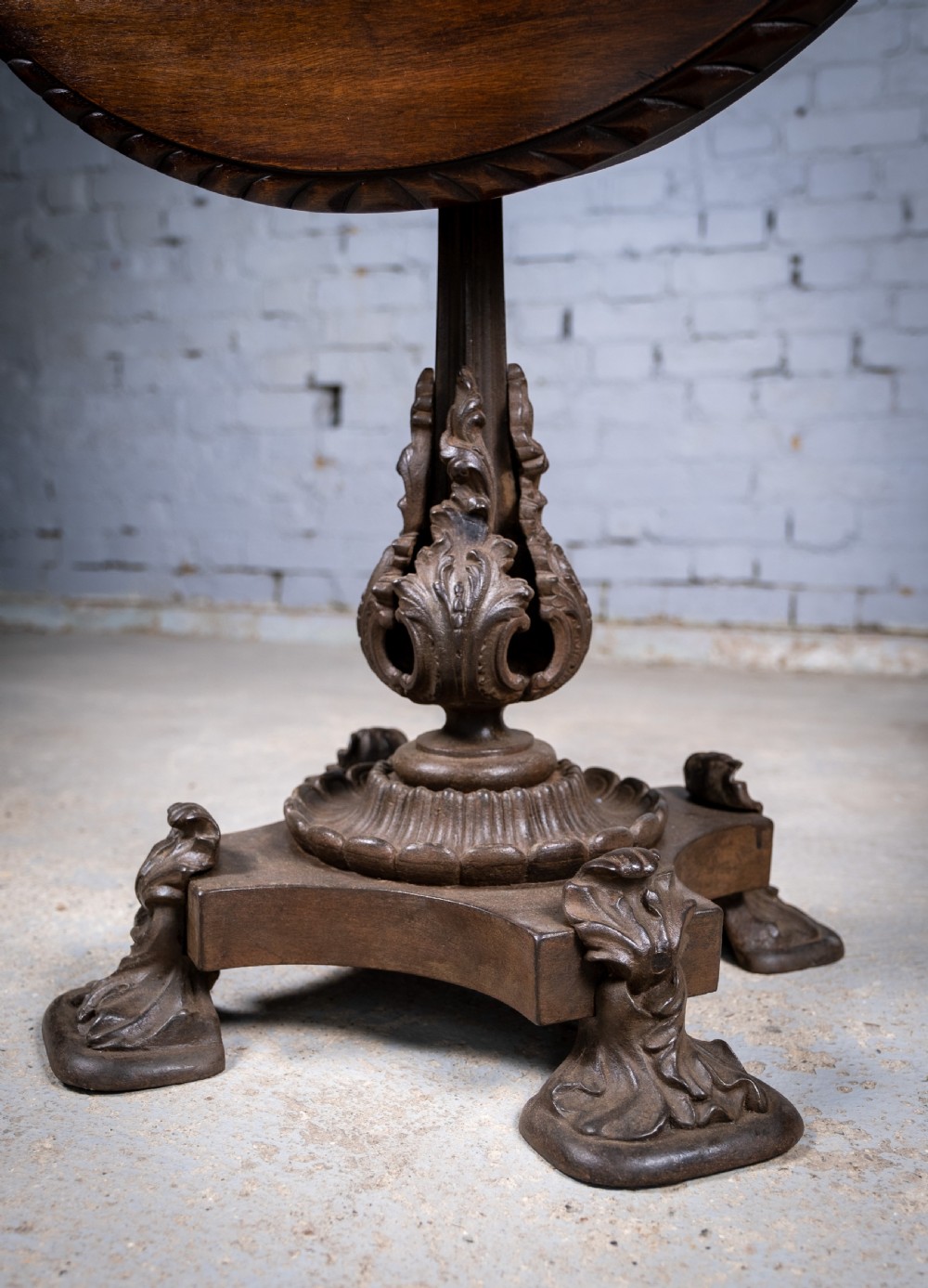 19th Century Cast Iron Tilt Table With Later Flame Mahogany Top. View VI