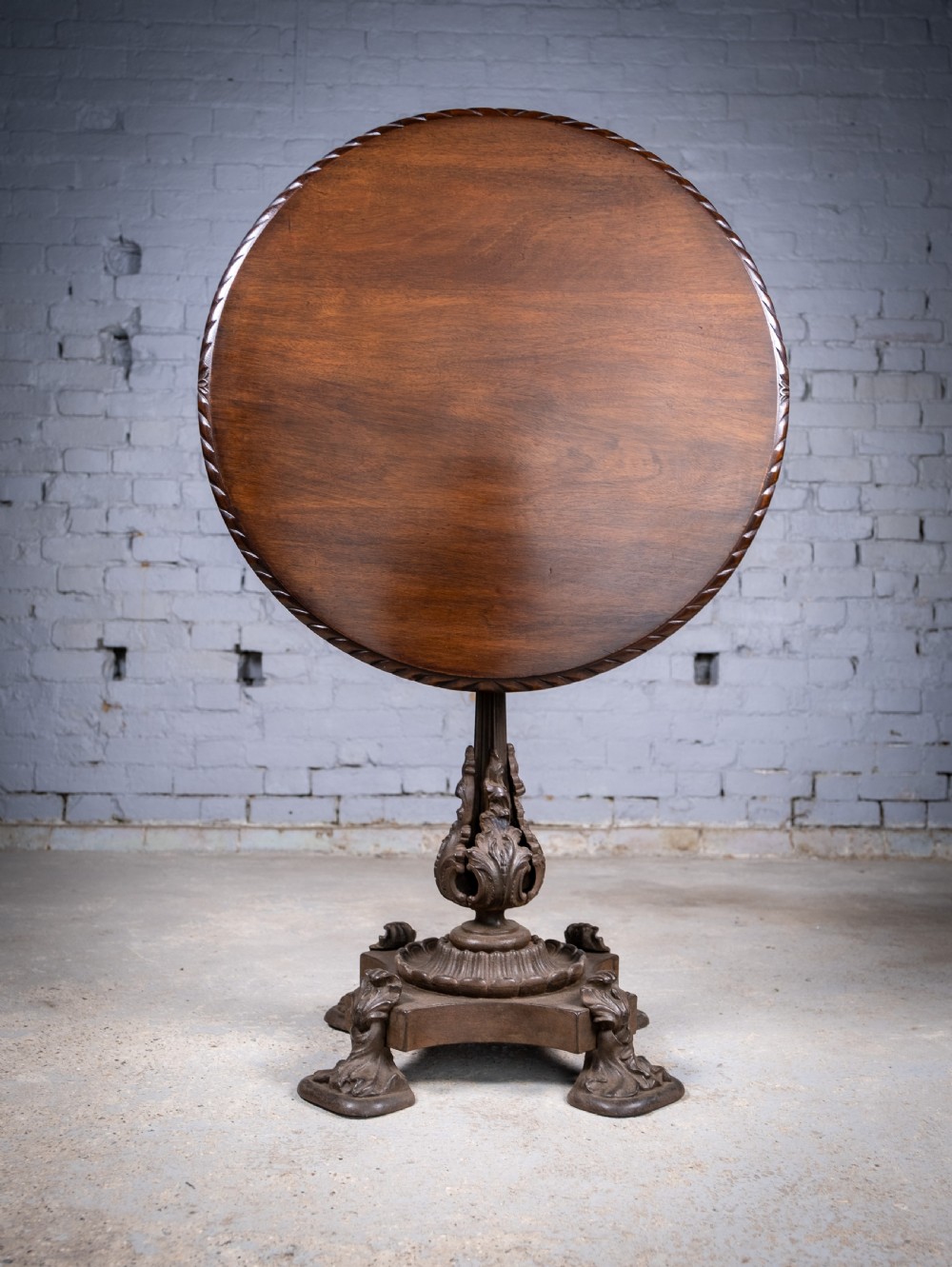 19th Century Cast Iron Tilt Table With Later Flame Mahogany Top. View X