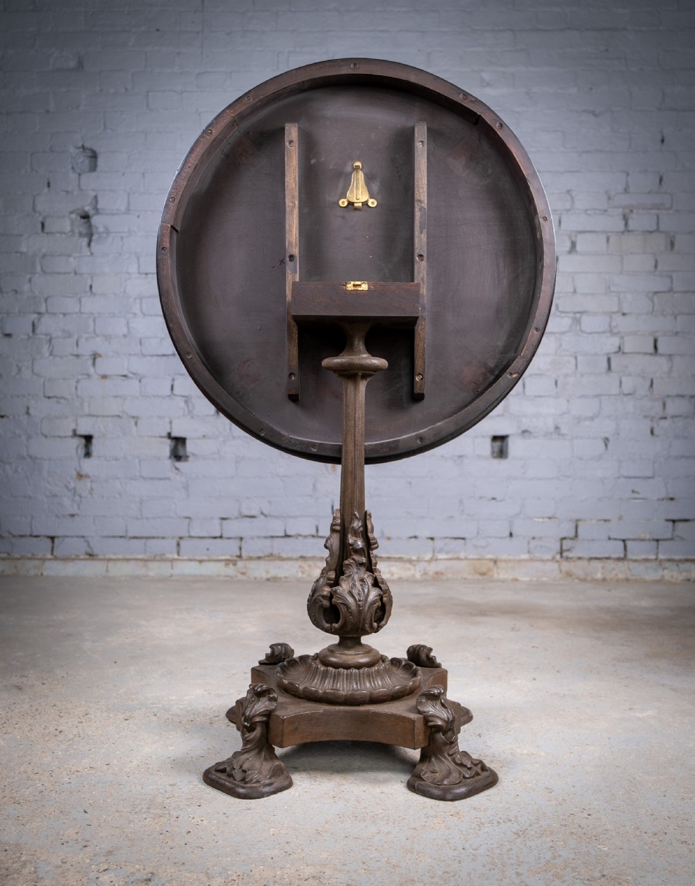 19th Century Cast Iron Tilt Table With Later Flame Mahogany Top. View XIII