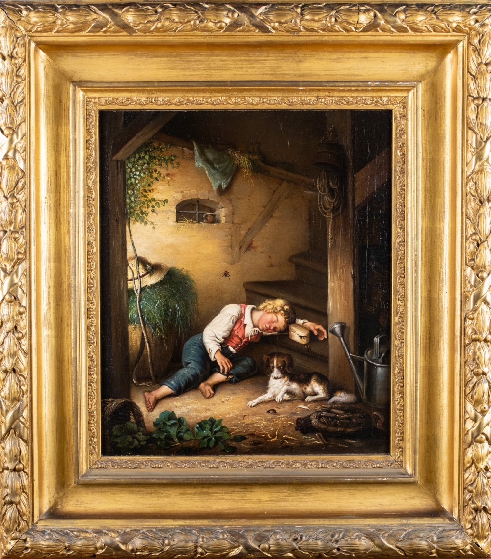 19th Century Oil On Canvas - Sleeping Boy With Bugs