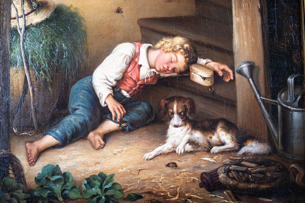 19th Century Oil On Canvas - Sleeping Boy With Bugs View IV