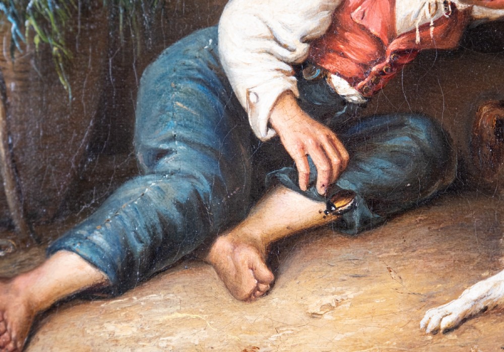 19th Century Oil On Canvas - Sleeping Boy With Bugs View V