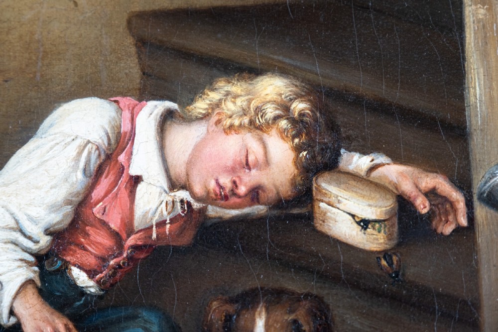 19th Century Oil On Canvas - Sleeping Boy With Bugs View VII