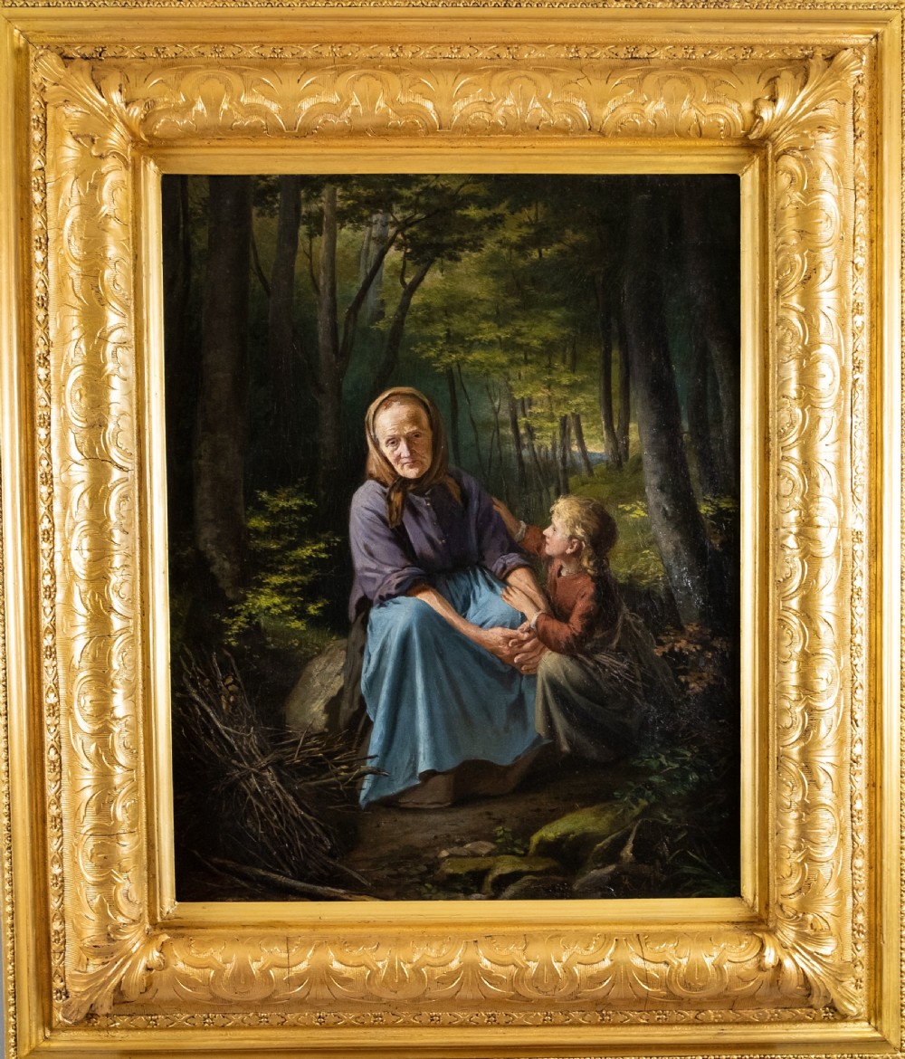 Large Oil On Canvas - Grandmother & Child In Woodland.