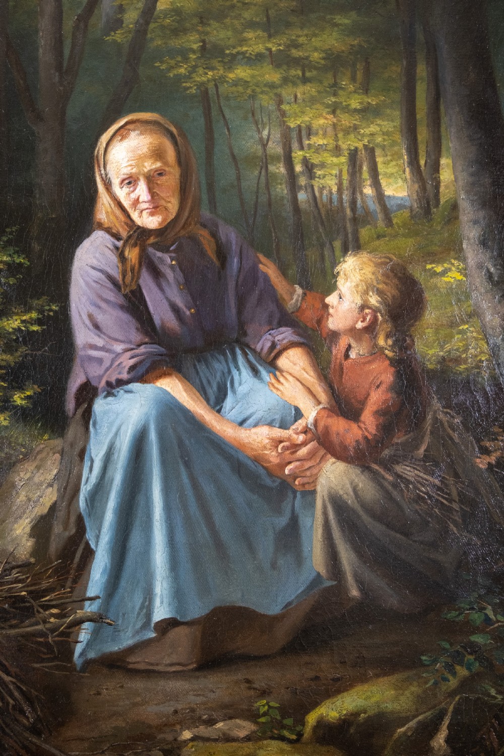 Large Oil On Canvas - Grandmother & Child In Woodland. View III