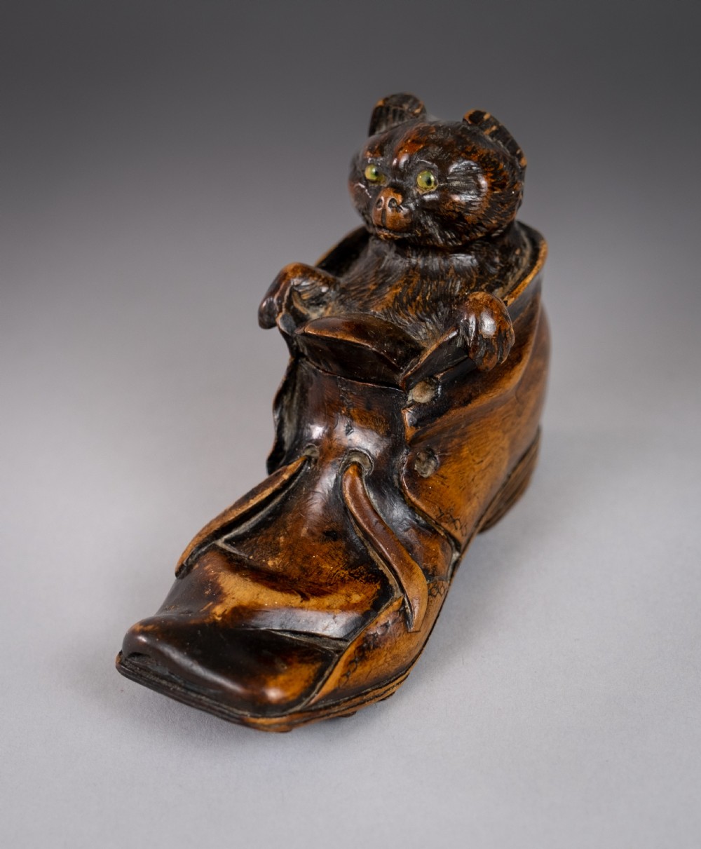 19th Century Carved Cat In Boot Novelty Inkwell