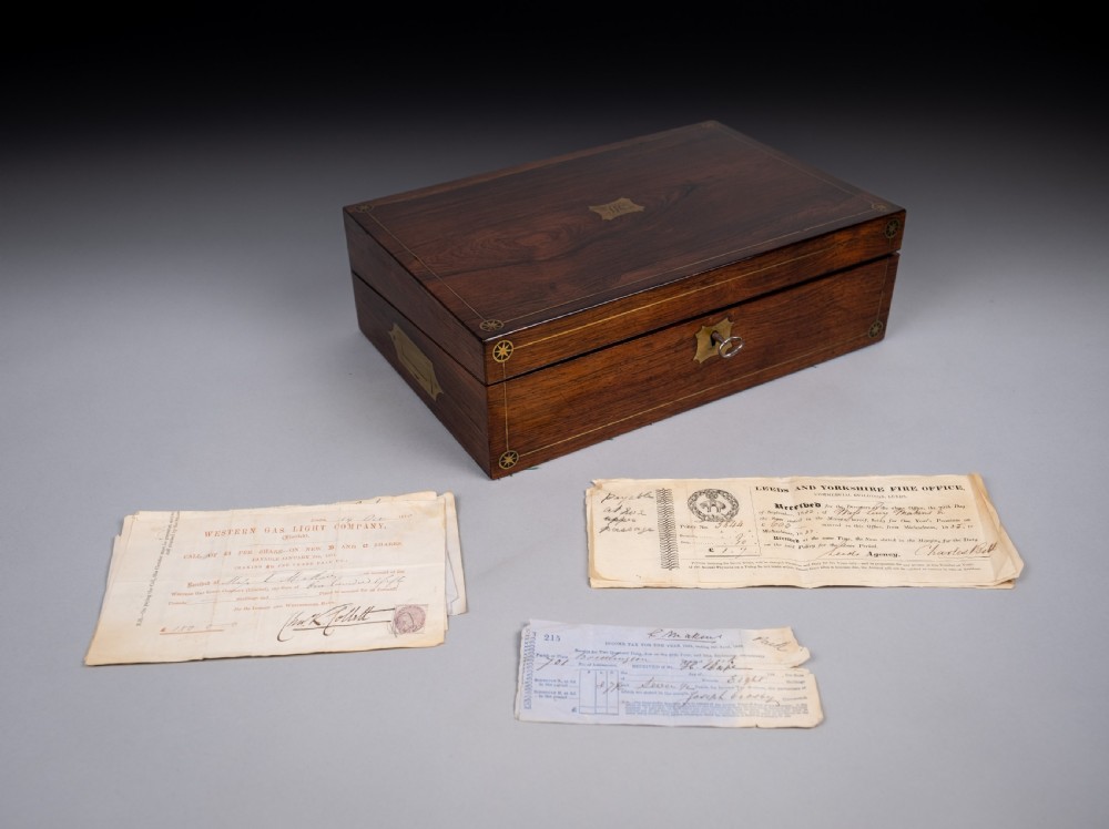 19th Century Rosewood & Brass Writing Slope With Share Certificates