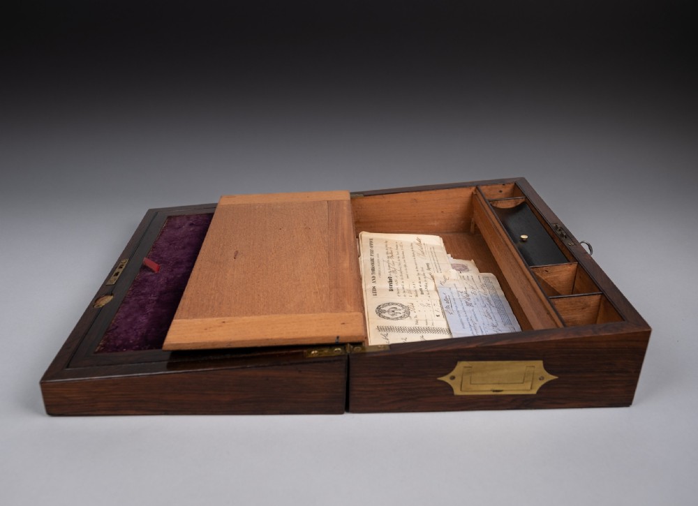 19th Century Rosewood & Brass Writing Slope With Share Certificates View XIII