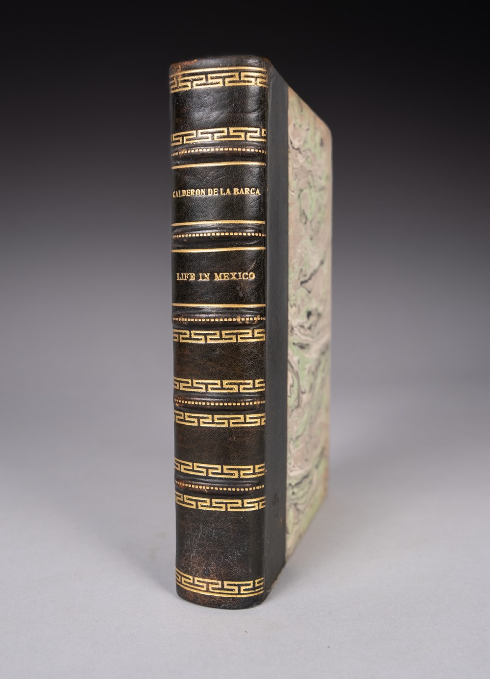 A half-leather bound book titled Life In Mexico with a dark brown spine featuring gilt geometric patterns and marbled paper boards.