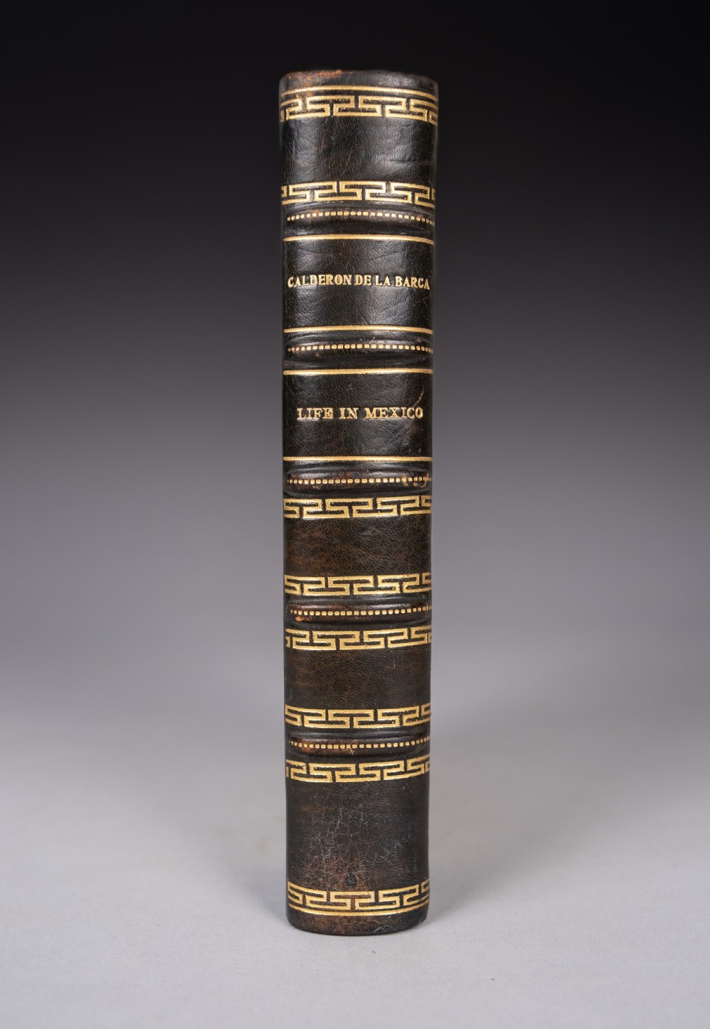 A half-leather bound book titled Life In Mexico with a dark brown spine featuring gilt geometric patterns and marbled paper boards. View II