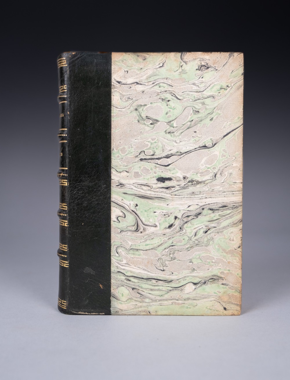 A half-leather bound book titled Life In Mexico with a dark brown spine featuring gilt geometric patterns and marbled paper boards. View III