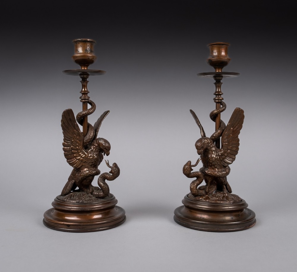 Pair Of Early 20thC Bronze Eagle & Serpent Candlesticks