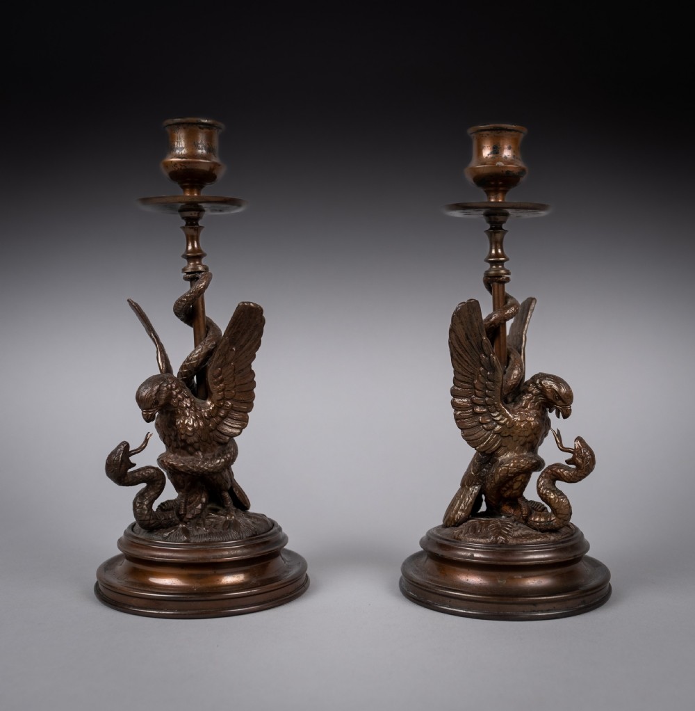 Pair Of Early 20thC Bronze Eagle & Serpent Candlesticks View IV