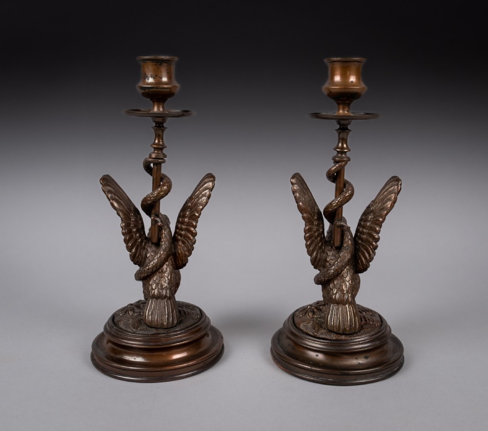 Pair Of Early 20thC Bronze Eagle & Serpent Candlesticks View V