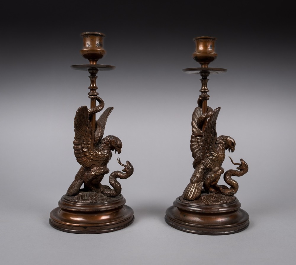 Pair Of Early 20thC Bronze Eagle & Serpent Candlesticks View VII