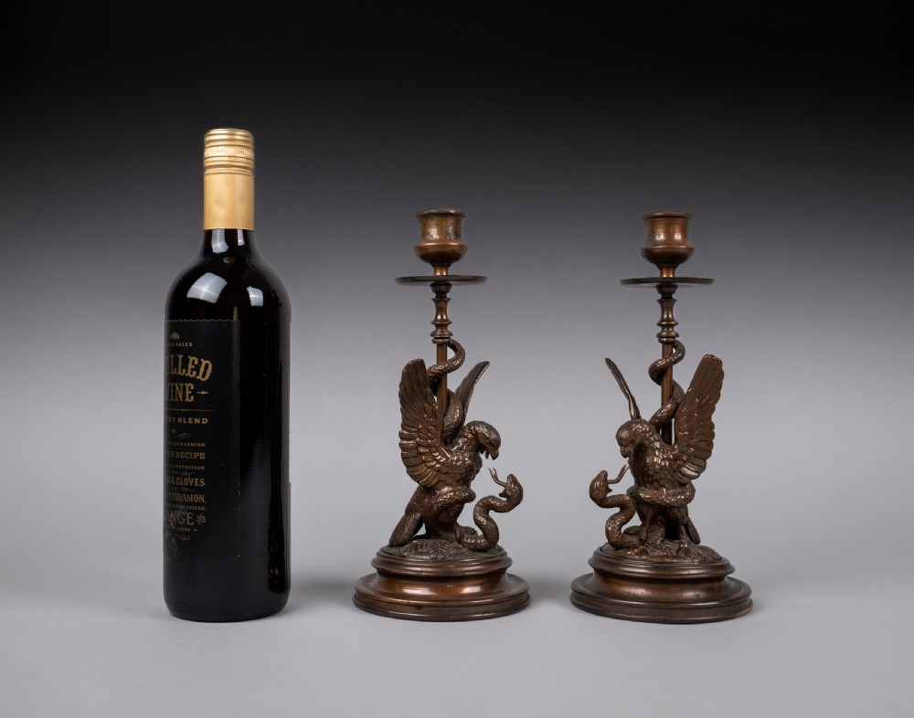 Pair Of Early 20thC Bronze Eagle & Serpent Candlesticks View VIII