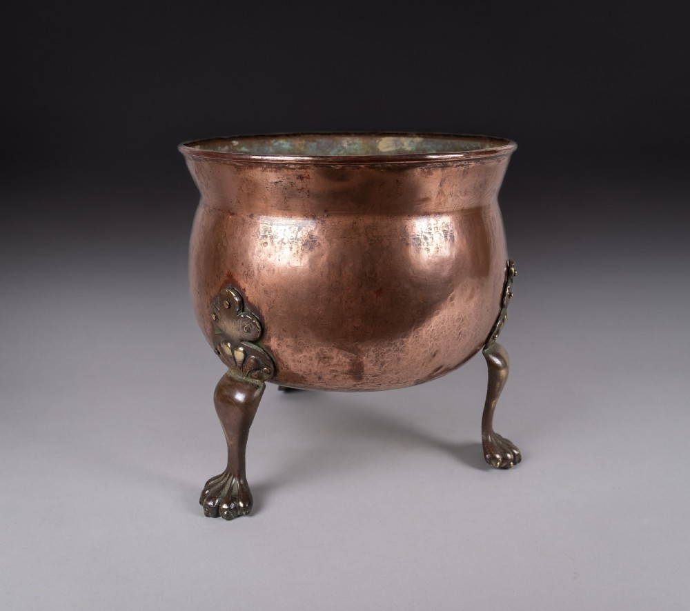 19th Century Copper Cauldron Jardiniere With Brass Paw Feet