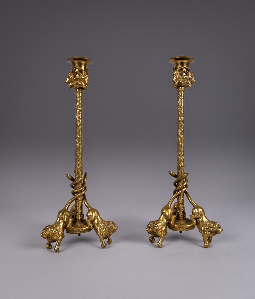 Pair Of Gilt Bronze French Candlesticks, c.1900 View II