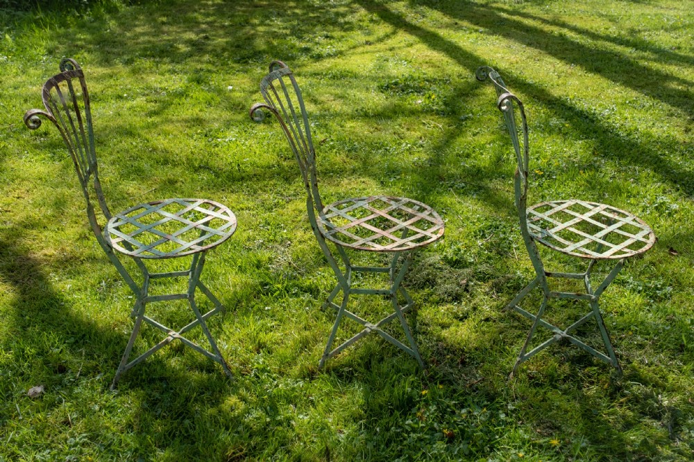 19th Century French Wrought Iron Garden Chairs - Set of 3. View IX