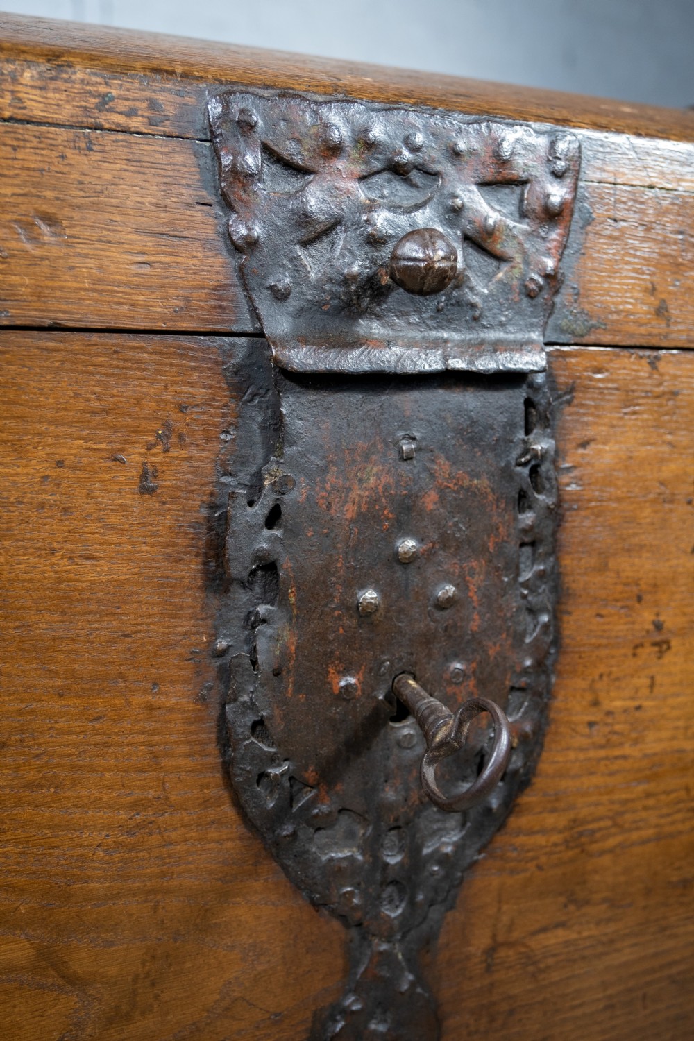 Large 17th Century Oak & Iron Bound Baroque Chest With Original Key, c.1700 View XI