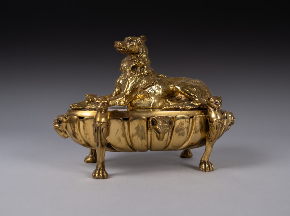 Large Gilt Bronze Inkwell With Hound & Monopedic Lion Legs