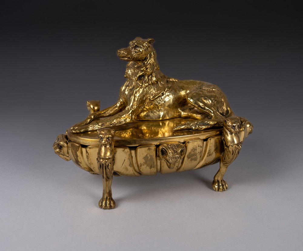 Large Gilt Bronze Inkwell With Hound & Monopedic Lion Legs View II