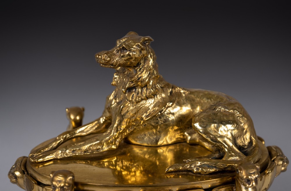 Large Gilt Bronze Inkwell With Hound & Monopedic Lion Legs View III