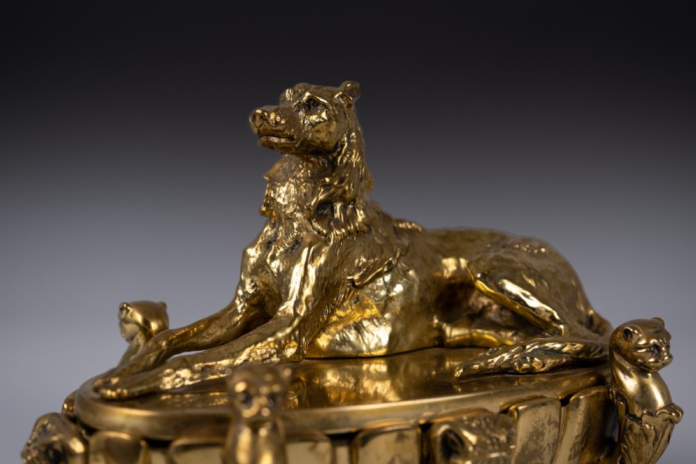 Large Gilt Bronze Inkwell With Hound & Monopedic Lion Legs View IV