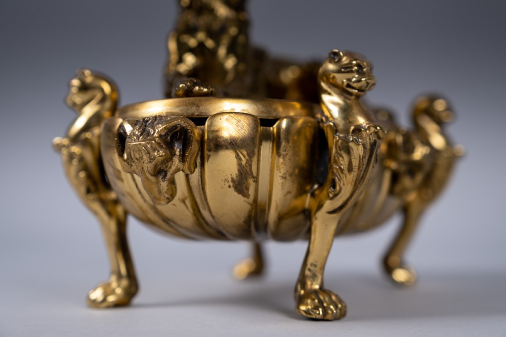 Large Gilt Bronze Inkwell With Hound & Monopedic Lion Legs View V