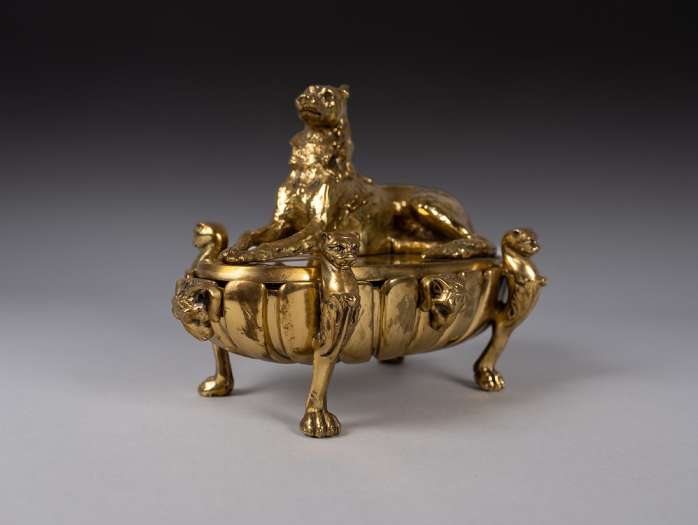 Large Gilt Bronze Inkwell With Hound & Monopedic Lion Legs View VI