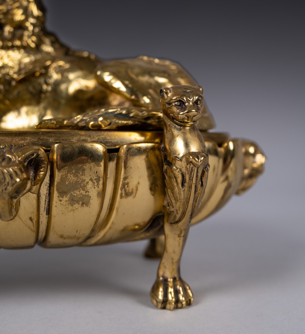Large Gilt Bronze Inkwell With Hound & Monopedic Lion Legs View VII