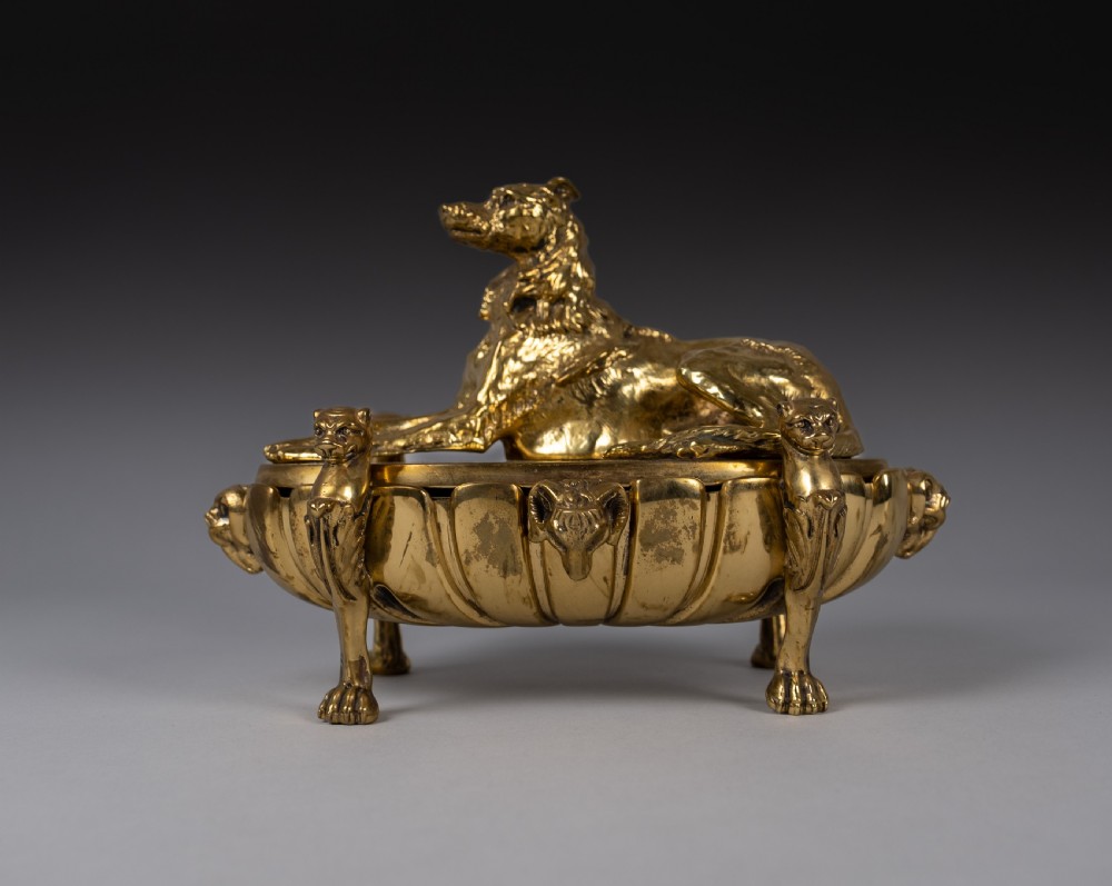 Large Gilt Bronze Inkwell With Hound & Monopedic Lion Legs View IX