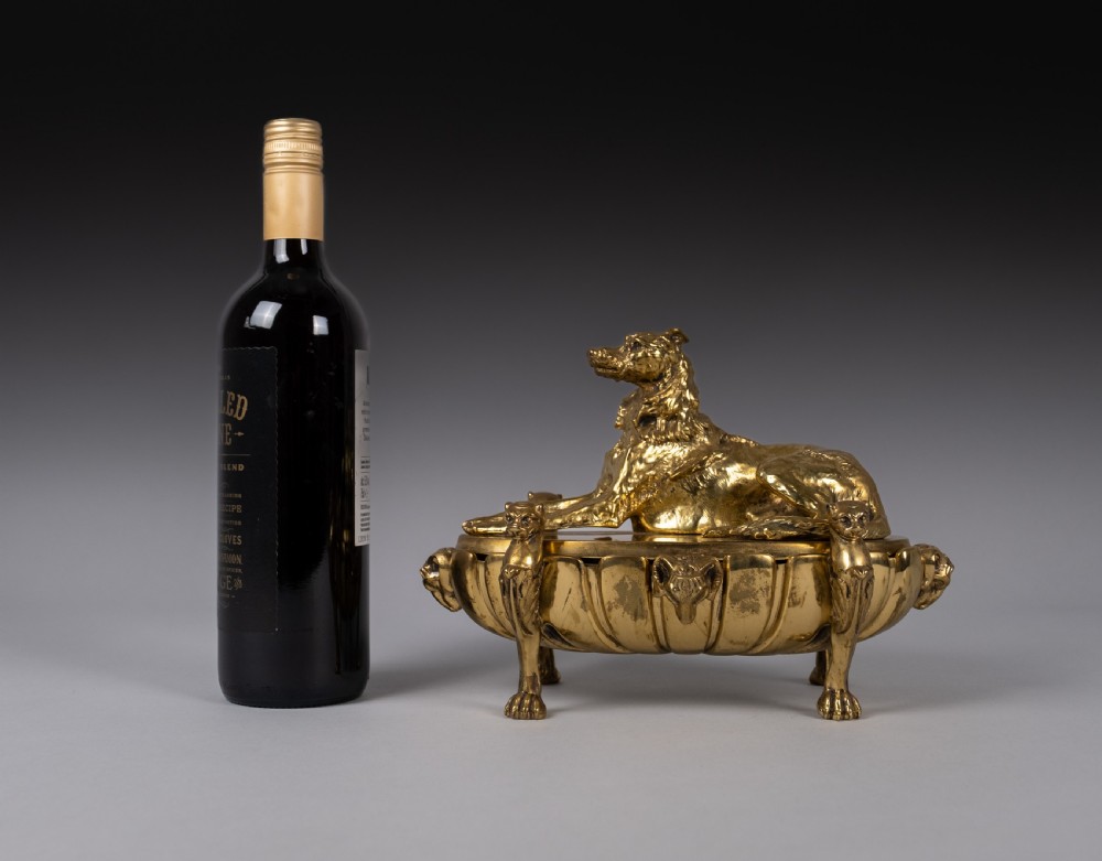 Large Gilt Bronze Inkwell With Hound & Monopedic Lion Legs View X