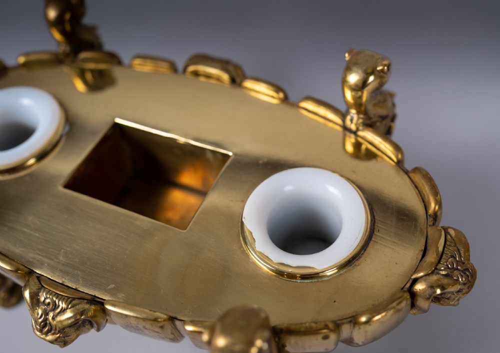 Large Gilt Bronze Inkwell With Hound & Monopedic Lion Legs View XIII