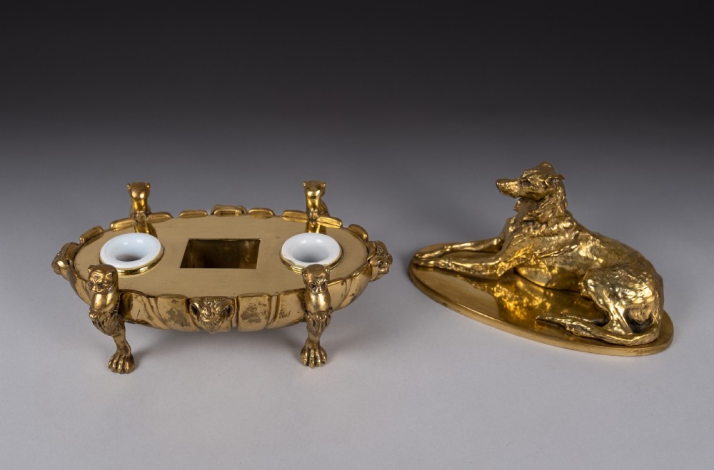 Large Gilt Bronze Inkwell With Hound & Monopedic Lion Legs View XIV