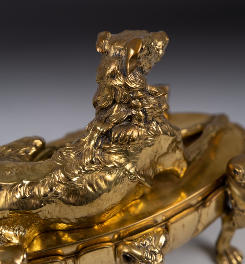 Large Gilt Bronze Inkwell With Hound & Monopedic Lion Legs View XV