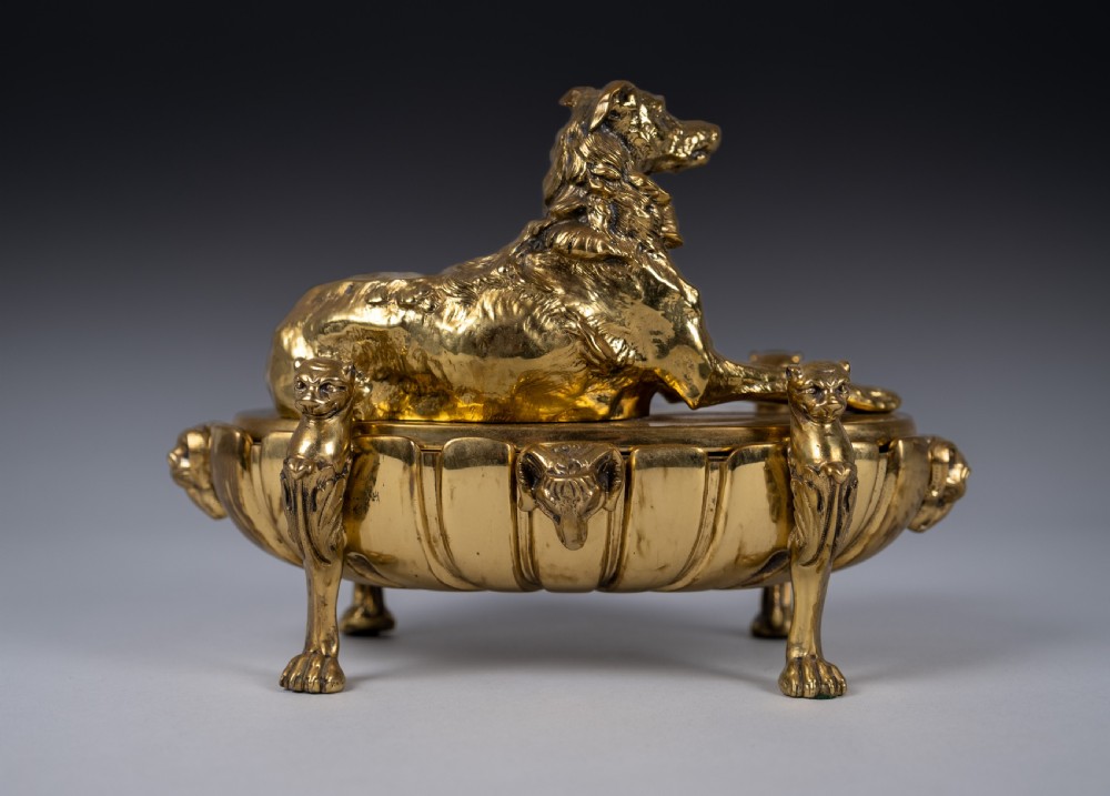 Large Gilt Bronze Inkwell With Hound & Monopedic Lion Legs View XVII