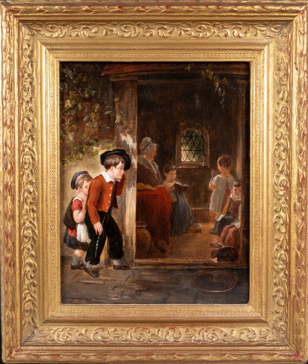 19th Century Oil On Canvas - Outside School