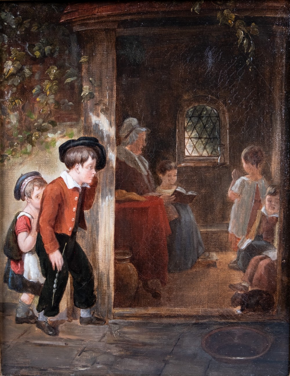 19th Century Oil On Canvas - Outside School View II