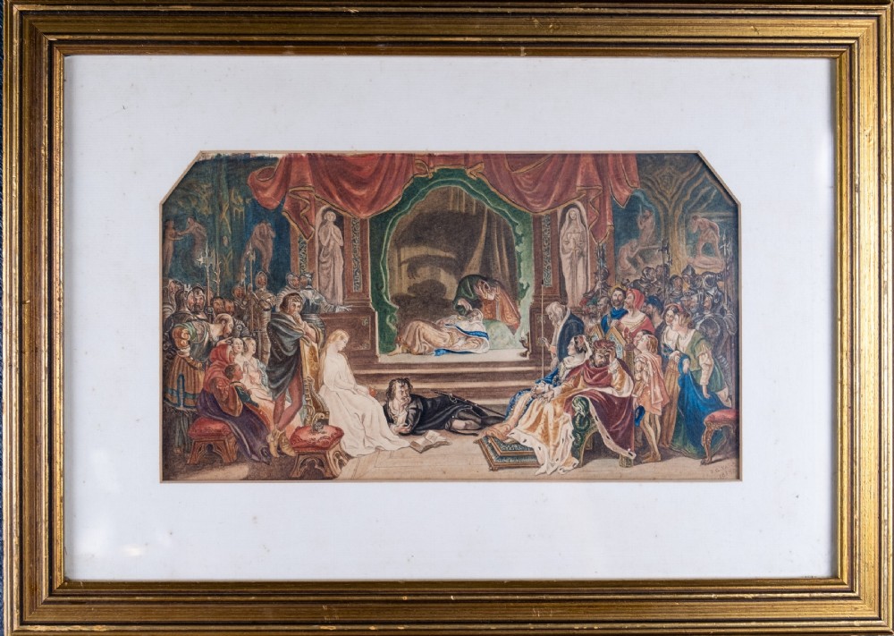 After Daniel Maclise (Irish 1806-1870) 'The Play Scene From Hamlet'. Watercolour. Dated 1858.