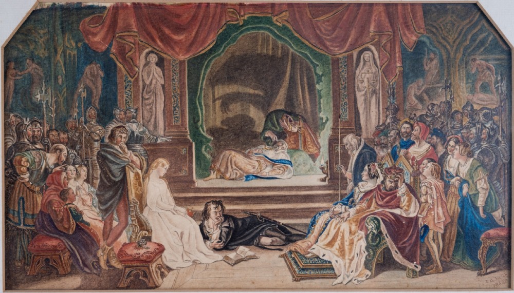 After Daniel Maclise (Irish 1806-1870) 'The Play Scene From Hamlet'. Watercolour. Dated 1858. View II
