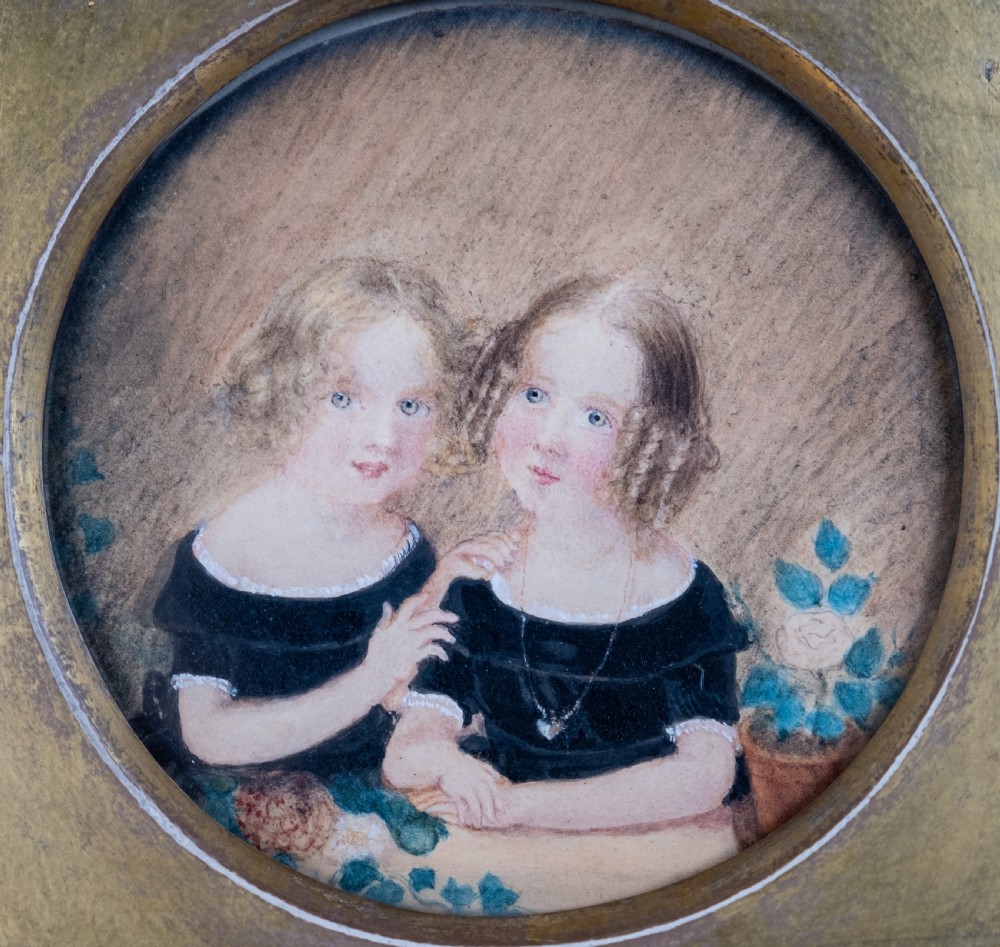 19th Century Watercolour & Pencil - Two Young Girls View II