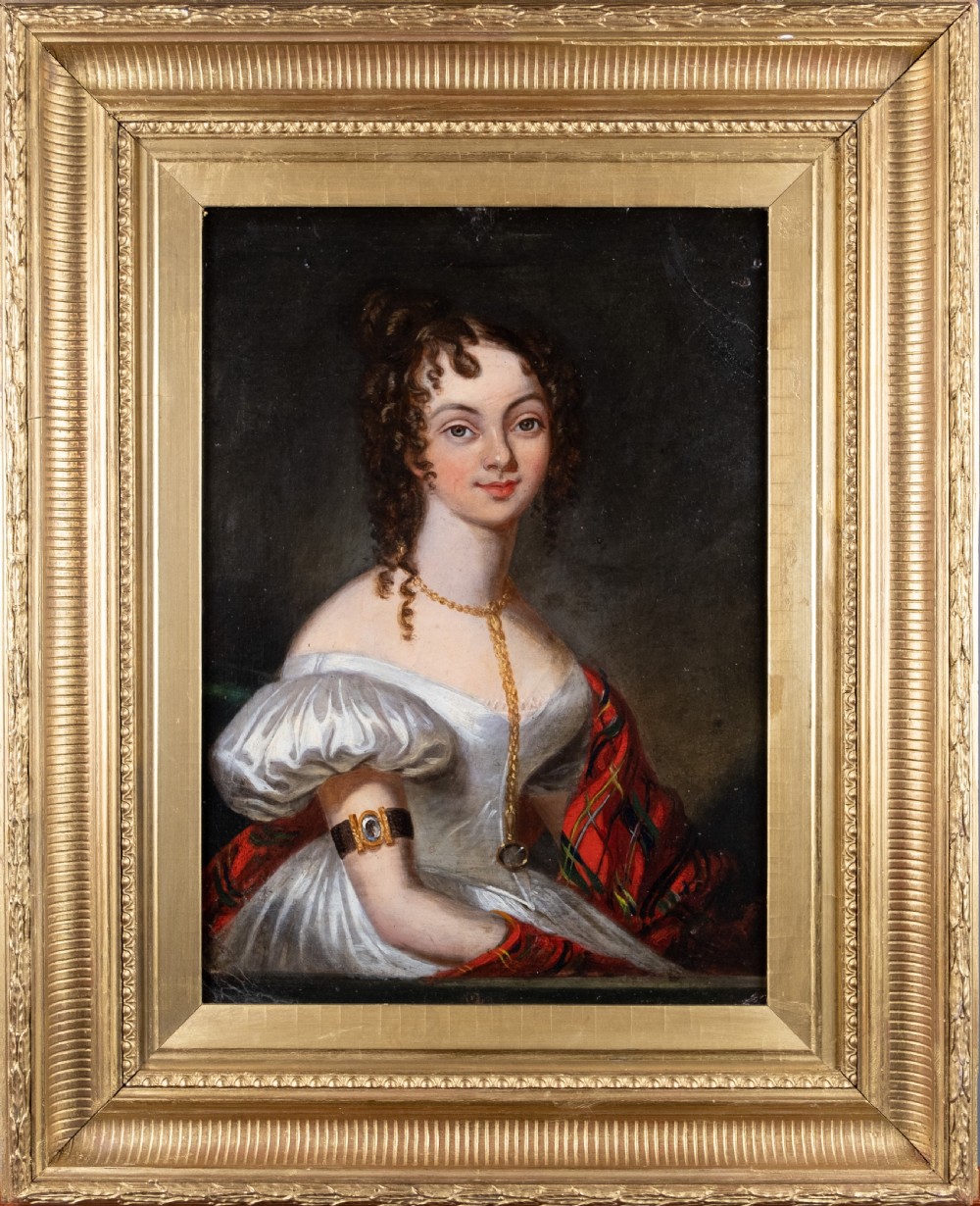 19th Century Portrait Of A Young Lady With Tartan Shawl. Oil On Board.