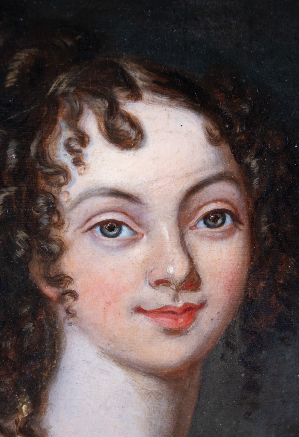 19th Century Portrait Of A Young Lady With Tartan Shawl. Oil On Board. View III